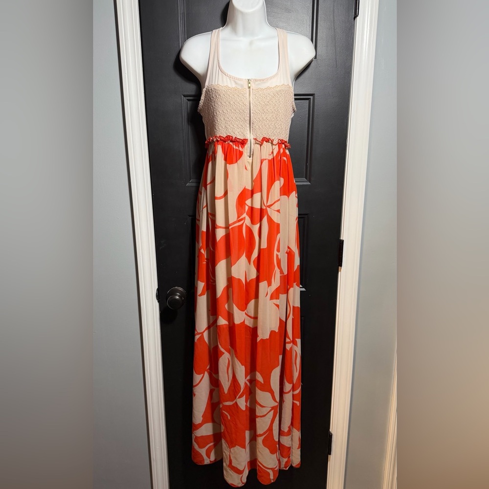 Mono B Orange and Cream Floral Sleeveless Open Back Maxi Dress NWT Size Medium